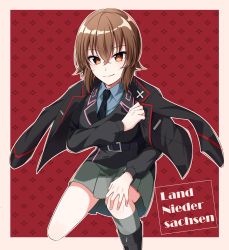 Rule 34 | 1girl, black footwear, black jacket, black necktie, boots, closed mouth, commentary, dress shirt, german text, girls und panzer, grey shirt, grey skirt, grey socks, hand on own knee, highres, insignia, jacket, jacket on shoulders, kneehighs, kuromorimine military uniform, long sleeves, looking at viewer, military, military uniform, miniskirt, nakaba neteru, necktie, niedersachsen military uniform, nishizumi maho, on one knee, outline, outside border, pleated skirt, red background, shirt, short hair, skirt, smile, socks, solo, translated, uniform, white outline, wing collar, zipper