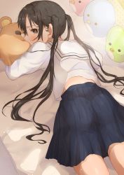 Rule 34 | 1girl, absurdres, bear, bird, black hair, blue skirt, blush, brown eyes, brown hair, crying, feet out of frame, from above, from behind, highres, long hair, looking to the side, lying, hugging object, on bed, on stomach, original, peach punch, penguin, pleated skirt, sailor collar, school uniform, serafuku, shirt, skirt, solo, stuffed animal, stuffed toy, sunlight, twintails, white sailor collar, white shirt