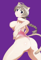 Rule 34 | 1girl, ahoge, animal ears, ass, blue eyes, blush, braid, braided ponytail, breasts, brown hair, cameltoe, cat ears, cat tail, covered erect nipples, female focus, gozaru, heart, heart-shaped pupils, highres, large breasts, looking back, lynette bishop, mind control, pink one-piece swimsuit, ponytail, purple background, simple background, single braid, solo, strike witches, swimsuit, symbol-shaped pupils, tail, world witches series