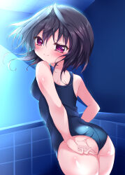 Rule 34 | 1girl, 9-nine-, absurdres, adjusting clothes, adjusting swimsuit, alternate costume, arm at side, ass, back, bathroom, black hair, blue one-piece swimsuit, blush, breasts, citrus splash, closed mouth, commentary request, cowboy shot, eyelashes, floating hair, from behind, hair between eyes, hair intakes, highres, indoors, looking at viewer, looking back, one-piece swimsuit, red eyes, school swimsuit, short hair with long locks, sidelighting, small breasts, smile, solo, standing, swimsuit, tile wall, tiles, yuuki noa