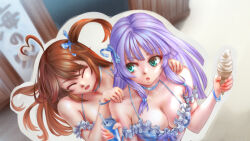 Rule 34 | 2girls, :o, ^ ^, ahoge, aqua eyes, arm garter, assault lily, banshouya ena, bare shoulders, bikini, blue bikini, blue choker, blue ribbon, blunt ends, blurry, blurry background, bracelet, breasts, brown hair, building, can, choker, cleavage, closed eyes, commentary, day, drink can, drinking straw, fingernails, floating hair, food, frilled bikini, frills, from above, hair ribbon, halterneck, hands on another&#039;s shoulders, hands up, heart, heart ahoge, holding, holding can, holding food, holding ice cream, ice cream, ice cream cone, jewelry, long hair, looking at another, looking to the side, medium breasts, multiple girls, nenshuu5man, official alternate costume, one side up, outdoors, outline, parted lips, plaid, plaid bikini, plaid ribbon, purple hair, ribbon, sidelocks, sideways glance, smile, soda can, standing, swimsuit, takasuga tsukushi, upper body, white outline