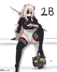Rule 34 | 1girl, absurdres, ahoge, animal ears, arm support, black blindfold, black footwear, black gloves, black thighhighs, blindfold, boots, breasts, cleavage cutout, clothing cutout, commentary, cosplay, covered eyes, ear piercing, english commentary, facing viewer, feather-trimmed sleeves, gloves, grey hair, groin, hair between eyes, high heel boots, high heels, highleg, highleg leotard, highres, hololive, juliet sleeves, katana, large breasts, leotard, lion ears, long hair, long sleeves, messy hair, nier:automata, nier (series), nio ssr, piercing, puffy sleeves, shishiro botan, sidelocks, sitting, skindentation, solo, ssrb (shishiro botan), sword, thigh boots, thighhighs, thighhighs under boots, very long hair, virtual youtuber, weapon, white leotard, 2b (nier:automata), 2b (nier:automata) (cosplay)