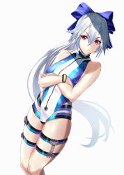 Rule 34 | 1girl, absurdres, bare shoulders, blue bow, blue one-piece swimsuit, bow, breasts, crossed arms, fate/grand order, fate (series), gamerfc13, hair between eyes, hair bow, highleg, highleg swimsuit, highres, large breasts, long hair, looking at viewer, one-piece swimsuit, ponytail, red eyes, silver hair, solo, swimsuit, thigh strap, thighs, tomoe gozen (fate), tomoe gozen (swimsuit saber) (fate), two-tone swimsuit, white one-piece swimsuit