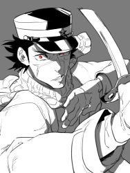 Rule 34 | 10s, 1boy, golden kamuy, grey background, hat, male focus, manly, military hat, peaked cap, red eyes, scar, scarf, simple background, spot color, sugimoto saichi