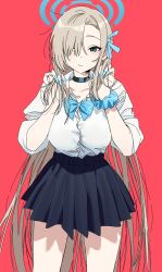 Rule 34 | 1girl, asuna (blue archive), black choker, black skirt, blonde hair, blue archive, blue bow, blue eyes, bow, bowtie, choker, hair over one eye, halo, highres, kerorira, looking at viewer, mechanical halo, red background, shirt, simple background, skirt, solo, standing, white shirt