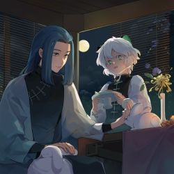 Rule 34 | 2boys, animal ears, bad id, bad twitter id, black hair, blue flower, cat boy, cat ears, chairlog, flower, green eyes, highres, holding, indoors, leaf, long hair, long sleeves, luo xiaohei, luo xiaohei (human), luo xiaohei zhanji, multiple boys, open mouth, rabbit, short hair, vase, white hair, window, wuxian (the legend of luoxiaohei)