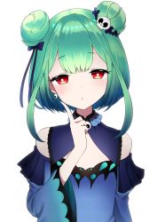 Rule 34 | 1girl, arm up, bare shoulders, blue capelet, blue dress, bright pupils, brooch, capelet, commentary request, double bun, dress, earrings, finger to cheek, green hair, hair bun, hair ornament, head tilt, highres, hololive, jewelry, looking at viewer, red eyes, short hair, simple background, skull earrings, skull hair ornament, solo, tsukimirin, upper body, uruha rushia, uruha rushia (1st costume), virtual youtuber, white background, white pupils
