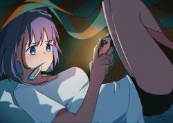 Rule 34 | 1girl, absurdres, bare legs, black shorts, blush, cellphone, chromatic aberration, closed mouth, commentary, english commentary, highres, holding, holding phone, hololive, hololive english, in mouth, jl tan, knees up, on bed, ouro kronii, phone, purple eyes, purple hair, shirt, short hair, short sleeves, shorts, smartphone, solo, thermometer, under covers, virtual youtuber, white shirt