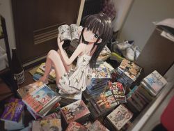 Rule 34 | 1girl, alcohol, bad id, bad twitter id, bare arms, bare shoulders, book, book stack, bottle, brown eyes, brown hair, camisole, closed mouth, door, from behind, gishiki (gshk), highres, holding, indoors, long hair, looking at viewer, manga (object), open book, original, photo background, reading, slippers, solo