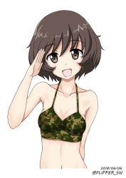 Rule 34 | 10s, 1girl, :d, akiyama yukari, arm behind back, bikini, bikini top only, breasts, brown eyes, brown hair, camouflage bikini top, collarbone, commentary, cropped torso, dated, flipper, girls und panzer, looking at viewer, medium breasts, messy hair, navel, one-hour drawing challenge, open mouth, salute, short hair, simple background, smile, solo, standing, swimsuit, twitter username, upper body, white background