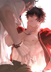 Rule 34 | 2boys, abs, aohitsugi samatoki, bare pectorals, bead bracelet, beads, black hair, black pants, bracelet, cigarette, cowboy shot, denim, ear piercing, face-to-face, fingernails, from behind, gleam, green eyes, grin, hand on another&#039;s neck, heterochromia, highres, holding, holding cigarette, hypnosis mic, jacket, jeans, jewelry, kami off record, leaning forward, long sleeves, looking at another, male focus, mole, mole under eye, multiple boys, navel, necklace, nipples, open clothes, open jacket, open mouth, pants, pectorals, piercing, red eyes, red jacket, shirt, shirt grab, short hair, short sleeves, simple background, sitting, smile, stomach, t-shirt, teeth, v-shaped eyebrows, white background, white hair, white shirt, yamada ichiro, yaoi, zipper
