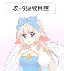 Rule 34 | 1girl, animal ears, arch bishop (ragnarok online), blue bow, blue dress, blue eyes, blush, bow, braid, breasts, character request, commentary request, dress, feathered wings, frilled bow, frills, gradient background, grey hair, hair bow, highres, light (luxiao deng), long hair, looking at viewer, parted lips, pink background, puffy short sleeves, puffy sleeves, ragnarok online, short sleeves, small breasts, striped, striped bow, translation request, upper body, very long hair, white background, white wings, wings