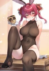 Rule 34 | 1girl, animal ears, arm behind back, bare shoulders, blush, breasts, commentary, covered navel, cup, dokuro-kun (houshou marine), english commentary, fake animal ears, feet, foot out of frame, gloves, grin, heterochromia, highleg, highleg leotard, highres, holding, holding cup, hololive, houshou marine, houshou marine (1st costume), knee up, large breasts, legs, leotard, long hair, no shoes, nontraditional playboy bunny, rabbit ears, raijuu (bakanara), red eyes, red hair, sitting, skull cup, smile, solo, teeth, thighhighs, thighs, toes, twintails, variant set, virtual youtuber, white gloves, yellow eyes