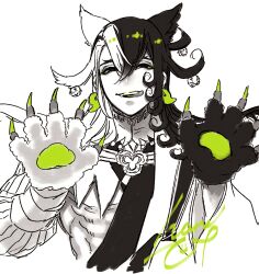 Rule 34 | 1boy, animal ears, animal hands, ashiya douman (fate), asymmetrical hair, cat boy, cat ears, cat paws, cropped torso, curly hair, earrings, fate/grand order, fate (series), fingernails, greyscale, hair between eyes, haruhina, highres, jewelry, kemonomimi mode, licking lips, long hair, looking at viewer, magatama, magatama earrings, male focus, monochrome, multicolored hair, partially colored, sharp fingernails, solo, split-color hair, spot color, toned, toned male, tongue, tongue out, two-tone hair, very long hair