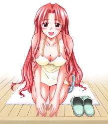 Rule 34 | 1girl, apron, artist request, blush, breasts, brown eyes, cleavage, large breasts, long hair, looking at viewer, mahou sensei negima!, mole, naba chizuru, naked apron, official style, red hair, seiza, sitting, slippers, solo