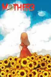 Rule 34 | 1girl, blue sky, brown hair, cloud, cloudy sky, commentary request, copyright name, day, dress, facing away, field, flower, flower field, from behind, glint, harau, hinawa, long hair, mother (game), mother 3, nintendo, outdoors, red dress, sky, solo, standing, sunflower, sunflower field