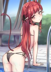 Rule 34 | 1girl, arched back, arknights, ass, back, bare arms, bare shoulders, bikini, black bikini, braid, butt crack, day, from behind, hair ribbon, horns, looking back, multi-strapped bikini, official alternate costume, outdoors, pointy ears, poolside, red eyes, red hair, ribbon, ryuinu, sidelocks, solo, string bikini, swimsuit, tail, tail raised, twin braids, vigna (arknights), vigna (casual vacation) (arknights)