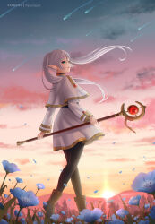 Rule 34 | 1girl, artist name, belt, black belt, black pantyhose, blue flower, boots, brown footwear, capelet, cloud, commentary, dusk, earrings, elf, english commentary, field, floating hair, flower, flower field, frieren, full body, gem, gold earrings, gold trim, green eyes, high collar, highres, holding, holding staff, jacket, jewelry, long hair, looking at viewer, mage staff, meteor shower, outdoors, pantyhose, parted bangs, patreon username, petals, pointy ears, red gemstone, ryuuneart, shirt, signature, skirt, skirt set, sky, solo, sousou no frieren, staff, standing, star (sky), starry sky, sunset, twintails, twitter username, white capelet, white hair, white jacket, white shirt, white skirt