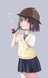 Rule 34 | 1girl, black skirt, blowing bubbles, blue bow, blue bowtie, blush, bow, bowtie, brown hair, brown hat, collared shirt, commentary request, cowboy shot, deerstalker, grey background, hair between eyes, hands up, hat, highres, holding, holding smoking pipe, looking at viewer, na-ga, original, pipe in mouth, pleated skirt, purple eyes, school uniform, shirt, short sleeves, simple background, skirt, smoking pipe, soap bubbles, solo, standing, sweater vest, white shirt, yellow sweater vest