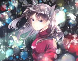 Rule 34 | 1girl, blurry, bokeh, brown eyes, brown hair, depth of field, fate/stay night, fate (series), from side, hinoya, looking at viewer, smile, solo, tohsaka rin, turtleneck, twintails, upper body