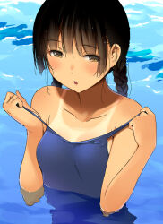 Rule 34 | 1girl, bare arms, bare shoulders, black hair, blue one-piece swimsuit, braid, breasts, brown eyes, chigawa kon, clothes pull, collarbone, commentary request, competition school swimsuit, hattori mitsuru, highres, kaijuu iro no shima, long hair, looking at viewer, one-piece swimsuit, one-piece swimsuit pull, one-piece tan, parted lips, partially submerged, school swimsuit, small breasts, solo, swimsuit, tan, tanline, twin braids, upper body, water