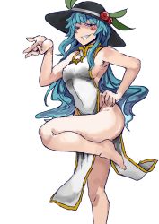 Rule 34 | 1girl, alternate costume, armpits, bare arms, bare legs, bare shoulders, barefoot, black hat, blue hair, breasts, china dress, chinese clothes, covered navel, dress, food, fruit, grin, hand on own hip, hat, heiseikorotaisei, hinanawi tenshi, leaf, leg up, long hair, looking at viewer, peach, pelvic curtain, red eyes, sideboob, simple background, sleeveless, sleeveless dress, small breasts, smile, smug, solo, touhou, very long hair, white background, white dress