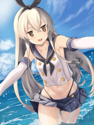Rule 34 | 1girl, black hairband, black neckerchief, black panties, blonde hair, blue sailor collar, blue skirt, brown eyes, cowboy shot, crop top, elbow gloves, gloves, hairband, highleg, highleg panties, highres, horizon, kantai collection, kotou yogen, long hair, looking at viewer, looking to the side, microskirt, miniskirt, neckerchief, ocean, outstretched arms, panties, pleated skirt, sailor collar, shimakaze (kancolle), shirt, skirt, sleeveless, sleeveless shirt, smile, solo, underwear, wading, water, white gloves