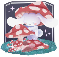 Rule 34 | absurdres, animal ears, blue eyes, blush stickers, cinnamoroll, closed mouth, commentary, english commentary, full body, grass, highres, looking at object, lop rabbit ears, mushroom, mushroom hat, no humans, rabbit ears, sanrio, standing, starryyskies