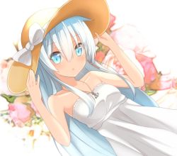 Rule 34 | 10s, 1girl, anchor, aqua eyes, bare shoulders, dress, dutch angle, flower, hat, hat ribbon, hibiki (kancolle), holding, holding hat, jewelry, kantai collection, necklace, rateratte, ribbon, silver hair, strapless, strapless dress, sun hat, white dress