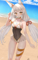 Rule 34 | 1girl, adapted costume, animal ears, beach, blush, breasts, cat ears, chest jewel, cleavage, day, facial mark, female focus, grey hair, highres, long hair, looking at viewer, low twintails, mia cbx, nia (blade) (xenoblade), nia (xenoblade), ocean, one-piece swimsuit, outdoors, small breasts, solo, swimsuit, twintails, very long hair, xenoblade chronicles (series), xenoblade chronicles 2, yellow eyes