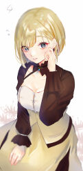 Rule 34 | 1girl, absurdres, blonde hair, blue gemstone, blush, breasts, brown jacket, ceres (shuuen no virche), cleavage, closed mouth, gem, green eyes, hand on own leg, highres, jacket, jewelry, looking at viewer, medium breasts, necklace, shirt, short hair, shuuen no virche, skirt, smile, solo, sui03, teeth, white background, white shirt, yellow skirt