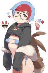 Rule 34 | 1girl, atte nanakusa, bikini, black-framed eyewear, black jacket, blue bikini, blue hair, breasts, clothes lift, color guide, creatures (company), game freak, glasses, highres, jacket, looking at viewer, multicolored hair, nintendo, open mouth, penny (pokemon), pokemon, pokemon sv, red hair, round eyewear, short hair, sidelocks, solo, swimsuit, two-tone hair, white background