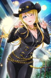 Rule 34 | 1girl, ;), artist name, artist request, ayase eli, black bodysuit, black hat, black pants, blonde hair, blue eyes, blush, bodysuit, breasts, chain, chain necklace, claw pose, cleavage, collarbone, cowboy hat, diamond princess no yuuutsu, female focus, gold chain, gold necklace, hair between eyes, hat, high ponytail, jewelry, long hair, long sleeves, looking at viewer, love live!, love live! school idol festival, love live! school idol project, medium breasts, necklace, one eye closed, pants, parted lips, ponytail, short hair, smile, solo, sparkle, wink, zipper, zipper pull tab