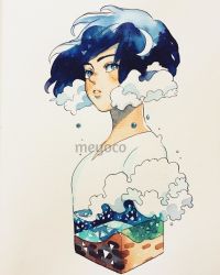 Rule 34 | 1girl, artist name, bad id, bad instagram id, blue hair, cloud hair, crescent moon, cropped torso, cube, from side, highres, meyoco, moon, original, parted lips, photo (medium), shirt, short hair, solo, traditional media, upper body, waves, white shirt