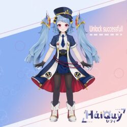 Rule 34 | anchor ornament, anchor symbol, black gloves, black pantyhose, blue coat, blue hair, boots, character sheet, coat, detached hair, gihikioku, gloves, hai quy, hair ornament, hair wings, hat, highres, light smile, magical girl, military hat, miniskirt, necktie, pantyhose, red eyes, skirt, smile, twintails, vietnamese text, virtual youtuber, wanderer office