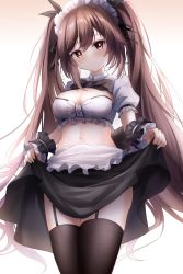 Rule 34 | 1girl, absurdres, alternate costume, apron, black bow, black bowtie, black ribbon, black skirt, black wrist cuffs, blush, bow, bowtie, breasts, brown garter straps, brown hair, brown thighhighs, cleavage, closed mouth, clothes lift, cowboy shot, crop top, enmaided, flower-shaped pupils, frilled apron, frilled hairband, frilled shirt, frilled sleeves, frills, from below, garter belt, genshin impact, gradient background, hair ribbon, hairband, highres, hu tao (genshin impact), legs together, lifting own clothes, long hair, maid, maid apron, maid headdress, medium breasts, navel, proverbs zhenyan, puffy short sleeves, puffy sleeves, red eyes, ribbon, shirt, short sleeves, shrug (clothing), sidelocks, skirt, skirt lift, smile, solo, stomach, symbol-shaped pupils, thighhighs, thighs, twintails, waist apron, white apron, white background, white shirt, wrist cuffs