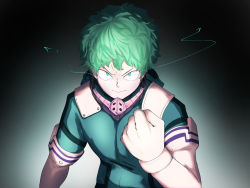 Rule 34 | &gt;:(, 1boy, absurdres, aqua eyes, black background, boku no hero academia, clenched hand, closed mouth, commentary, d-log, gloves, glowing, gradient background, green eyes, green hair, hand up, highres, long sleeves, looking at viewer, male focus, midoriya izuku, pale skin, short hair, solo, upper body, v-shaped eyebrows, white gloves