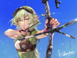 Rule 34 | 1girl, absurdres, archery, arrow (projectile), blush, bow (weapon), compound bow, elf, gloves, goblin slayer!, green eyes, green hair, high elf archer (goblin slayer!), highres, holding, holding arrow, holding bow (weapon), holding weapon, long hair, looking at viewer, lxkate, muneate, partially fingerless gloves, partly fingerless gloves, pointy ears, ponytail, shiny skin, sidelocks, smile, visor cap, weapon, yugake