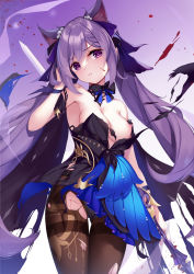 Rule 34 | 1girl, animal ear fluff, animal ears, bare shoulders, black bow, black bowtie, blood, blue bow, blue bowtie, blush, bow, bowtie, braid, breasts, brown pantyhose, cat ears, cleavage, closed mouth, cowboy shot, dress, extra ears, frown, genshin impact, hair between eyes, hair ornament, hair ribbon, highres, holding, holding sword, holding weapon, keqing (genshin impact), long hair, looking at viewer, medium breasts, nipples, one breast out, panties, panties under pantyhose, pantyhose, purple eyes, purple hair, purple ribbon, ribbon, solo, standing, sword, torn clothes, torn pantyhose, touxing no diluka, twintails, two-tone bow, two-tone bowtie, underwear, very long hair, weapon