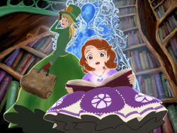 Rule 34 | 2girls, age difference, book, bookcase, brown hair, character request, dress, facing viewer, from below, full body, gloves, green dress, green headwear, indoors, jewelry, looking at viewer, looking back, multiple girls, pendant, reading, sitting, sofia (disney), sofia the first, standing, tiara, from below