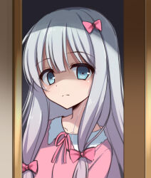 Rule 34 | 1girl, aqua eyes, bow, cariboy, chinese commentary, closed mouth, commentary request, eromanga sensei, expressionless, eyelashes, eyes visible through hair, frown, hair between eyes, hair bow, indoors, izumi sagiri, light blush, long hair, looking at viewer, neck ribbon, open door, pajamas, pink bow, pink pajamas, pink ribbon, ribbon, shaded face, sidelocks, solo, straight hair, unamused, upper body