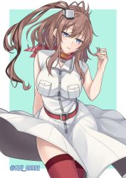 Rule 34 | 1girl, battle effectiveness award, blue eyes, breast pocket, breasts, brown hair, dress, hair between eyes, highres, kantai collection, large breasts, long hair, neckerchief, pocket, ponytail, red neckerchief, red thighhighs, rei (09991), saratoga (kancolle), side ponytail, sidelocks, smokestack hair ornament, solo, thighhighs, white dress