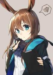 Rule 34 | 1girl, amiya (arknights), animal ears, arknights, bad id, bad pixiv id, black jacket, blue eyes, blush, brown background, clipboard, closed mouth, female focus, hair between eyes, head tilt, highres, holding, holding clipboard, holding pen, jacket, jewelry, long hair, long sleeves, looking at viewer, mag (mag42), neck ring, open clothes, open jacket, pen, rabbit girl, shirt, sidelocks, simple background, solo, spoken squiggle, squiggle, white shirt