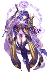 Rule 34 | 1girl, aata1007, adapted costume, braid, breasts, bridal gauntlets, cleavage, electricity, flower, full body, genshin impact, gold trim, hair flower, hair ornament, highres, human scabbard, japanese clothes, katana, kimono, large breasts, long hair, long sleeves, looking at viewer, low-braided long hair, low-tied long hair, mole, mole under eye, musou isshin (genshin impact), obi, off shoulder, panties, pelvic curtain, purple eyes, purple hair, purple kimono, purple panties, purple thighhighs, raiden shogun, sash, solo, sword, thighhighs, underwear, very long hair, weapon, wide sleeves