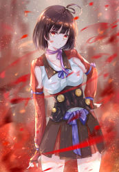 10s 1girl black_gloves black_hair female_focus fingerless_gloves gloves hair_ornament hand_on_own_hip koutetsujou_no_kabaneri looking_at_viewer mumei_(kabaneri) red_eyes sayo_(yunshang97) short_hair skirt solo