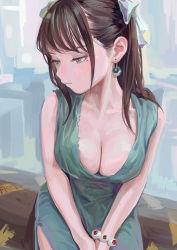 Rule 34 | 1girl, artist name, bracelet, breasts, brown eyes, brown hair, cleavage, closed mouth, dress, earrings, expressionless, fkey, green dress, hair ribbon, highres, jewelry, large breasts, looking to the side, mole, mole under eye, original, ribbon, sidelocks, sitting, sleeveless, sleeveless dress, solo