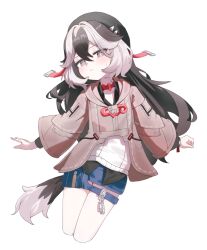 Rule 34 | 1girl, animal ears, beret, black hair, black hat, blue shorts, brown jacket, closed mouth, coralie (honkai impact), cropped legs, denim, denim shorts, dog ears, dog girl, dog tail, grey eyes, grey hair, hat, highres, honkai (series), honkai impact 3rd, jacket, jambujok, long hair, long sleeves, looking at viewer, multicolored hair, shorts, simple background, solo, tail, two-tone hair, white background