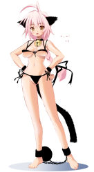 Rule 34 | 1girl, animal ears, antenna hair, ball and chain restraint, barefoot, bikini, black bikini, braid, breasts, cat ears, cat tail, fang, front-tie top, hands on own hips, large breasts, long hair, navel, ninoko, open mouth, original, pink hair, side-tie bikini bottom, solo, swimsuit, tail, yellow eyes