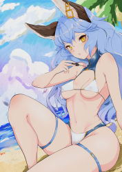 Rule 34 | 1girl, absurdres, animal ears, arm support, bare shoulders, beach, bikini, blue hair, blue sky, cloud, covered erect nipples, ear piercing, erune, ferry (granblue fantasy), granblue fantasy, highres, inuinuo gataken, lipgloss, lipstick, long hair, looking at viewer, makeup, midriff, navel, ocean, piercing, sand, sitting, skindentation, sky, solo, stomach, swimsuit, thick thighs, thigh strap, thighs, white bikini, yellow eyes