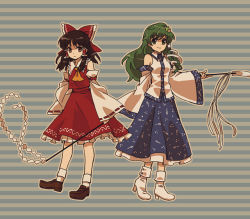 Rule 34 | 2girls, brown eyes, brown hair, detached sleeves, frog hair ornament, gohei, green eyes, green hair, hair ornament, hair ribbon, hair tubes, hakurei reimu, japanese clothes, kochiya sanae, long hair, looking at viewer, mecco, miko, multiple girls, neckerchief, nontraditional miko, ribbon, sailor collar, short hair, skirt, smile, snake hair ornament, striped, striped background, touhou, wide sleeves